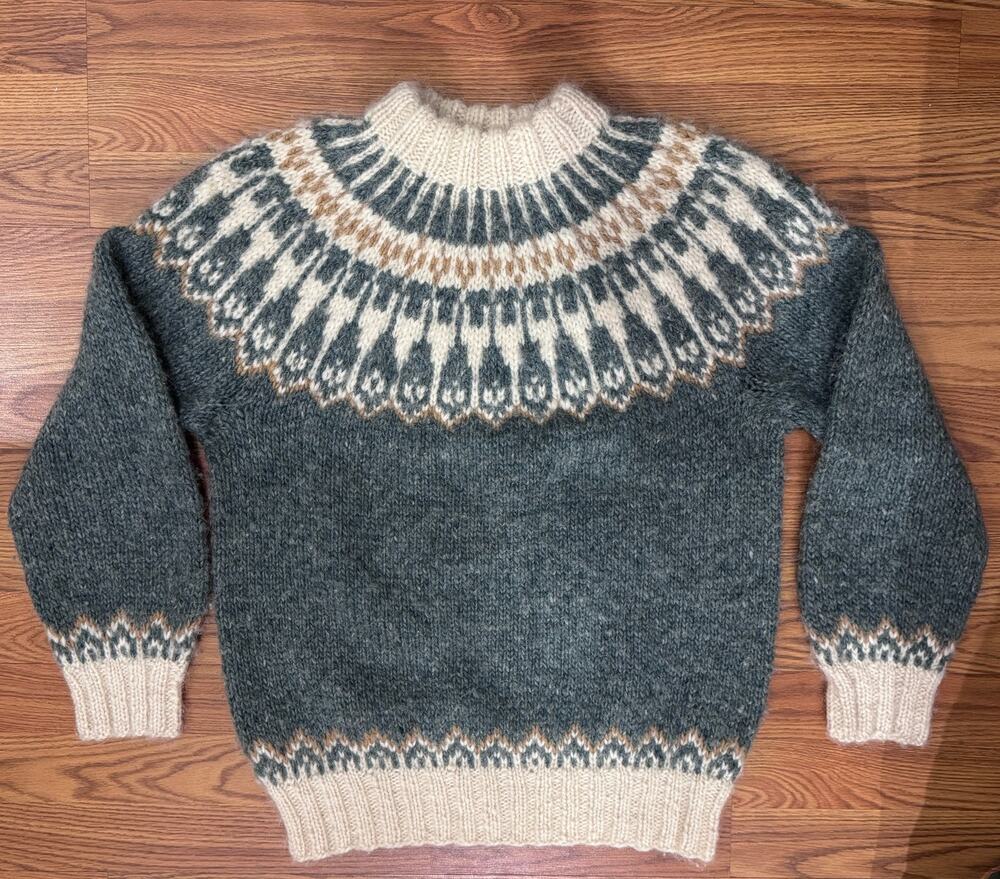 Vintage Sweater Fair Isle Mohair Wool Handmade Knit Green Ivory Unisex